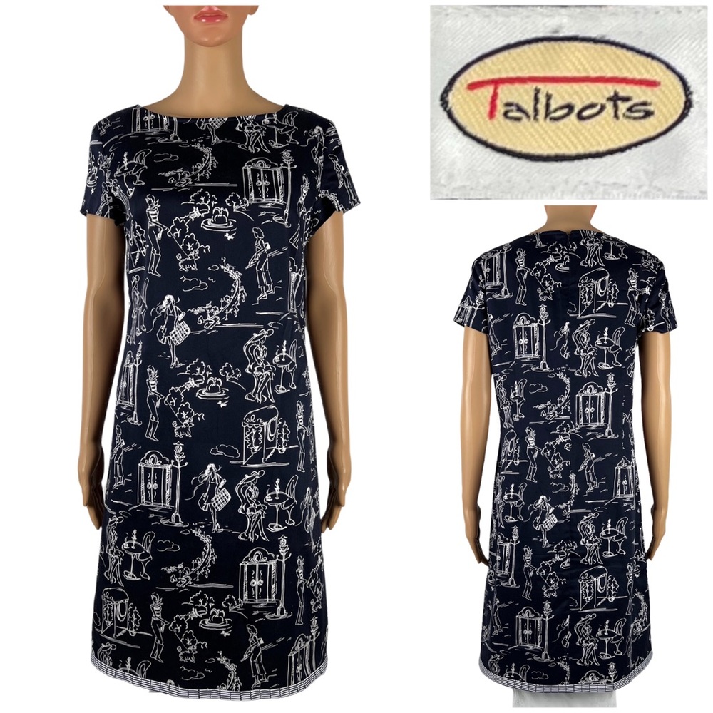Talbots Womens 8 Dress Navy Blue All Over Print Short Sleeve Vintage Cotton
